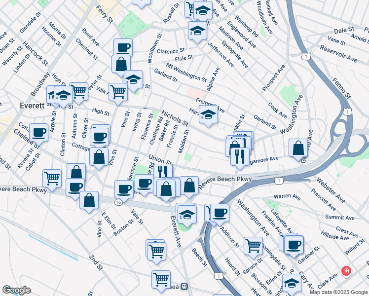 map of restaurants, bars, coffee shops, grocery stores, and more near 21 Hoyt Street in Everett