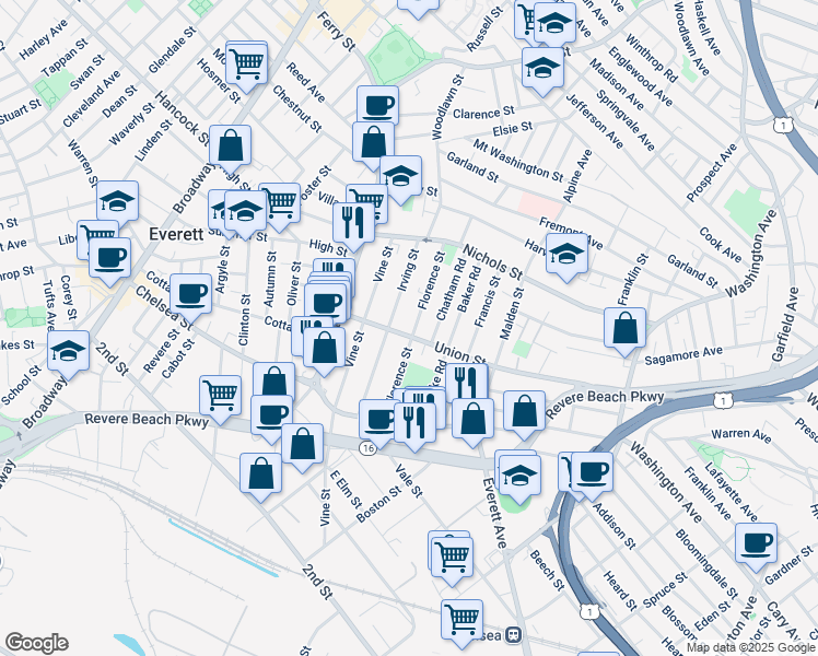 map of restaurants, bars, coffee shops, grocery stores, and more near 21 Florence Street in Everett