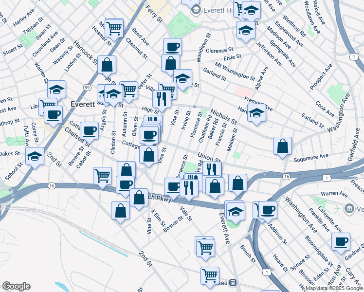 map of restaurants, bars, coffee shops, grocery stores, and more near 21 Florence Street in Everett