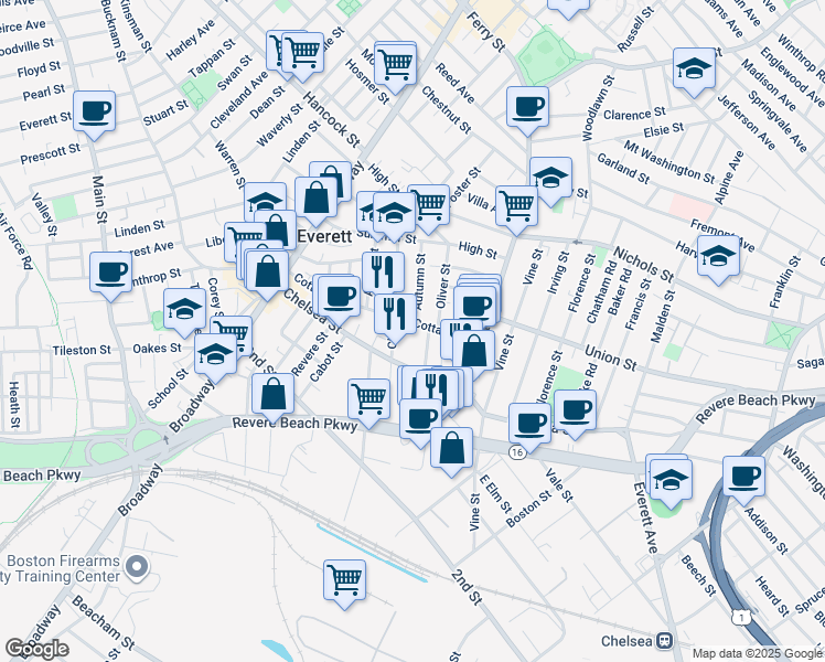 map of restaurants, bars, coffee shops, grocery stores, and more near 122 Chelsea Street in Everett