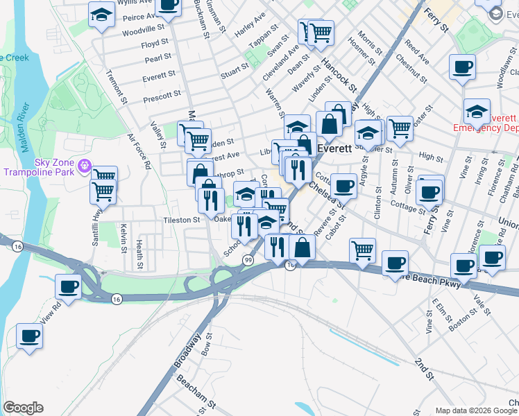 map of restaurants, bars, coffee shops, grocery stores, and more near 91 School Street in Everett