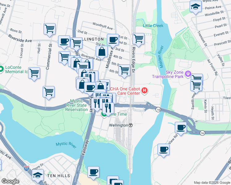 map of restaurants, bars, coffee shops, grocery stores, and more near 30 Revere Beach Parkway in Medford