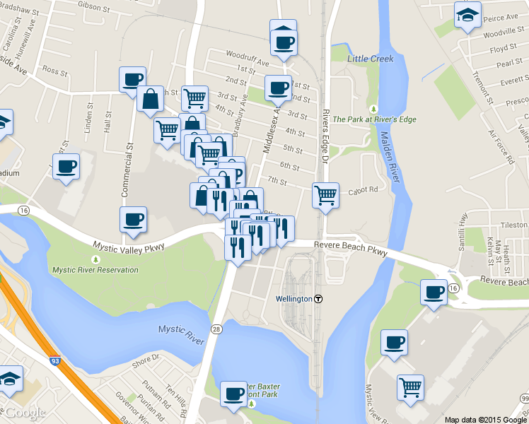 map of restaurants, bars, coffee shops, grocery stores, and more near 20 Revere Beach Parkway in Medford