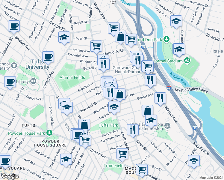 map of restaurants, bars, coffee shops, grocery stores, and more near 371 Main Street in Medford