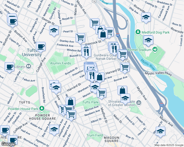 map of restaurants, bars, coffee shops, grocery stores, and more near 371 Main Street in Medford