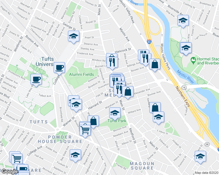 map of restaurants, bars, coffee shops, grocery stores, and more near 1 Harvard Street in Medford
