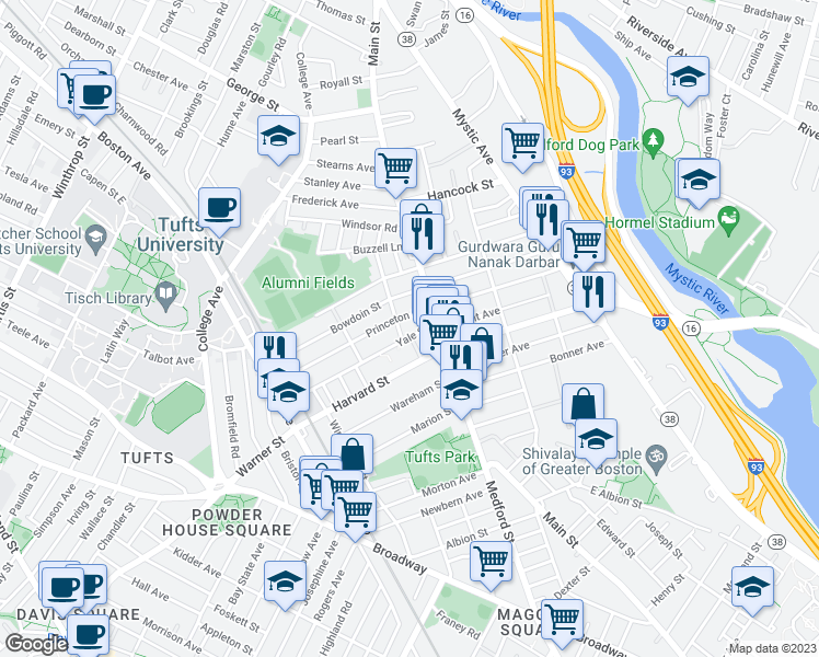 map of restaurants, bars, coffee shops, grocery stores, and more near 1 Harvard Street in Medford