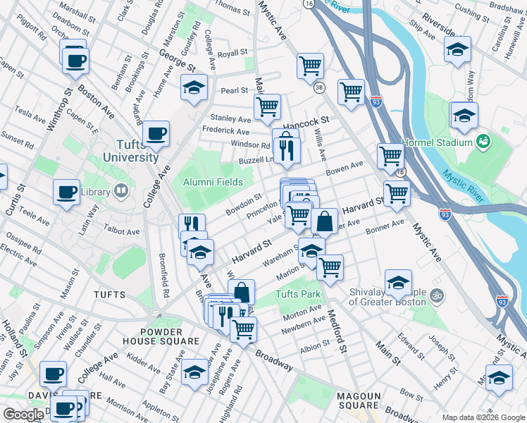 map of restaurants, bars, coffee shops, grocery stores, and more near 49 Yale Street in Medford