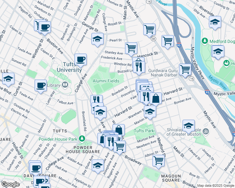 map of restaurants, bars, coffee shops, grocery stores, and more near 102 Princeton Street in Medford