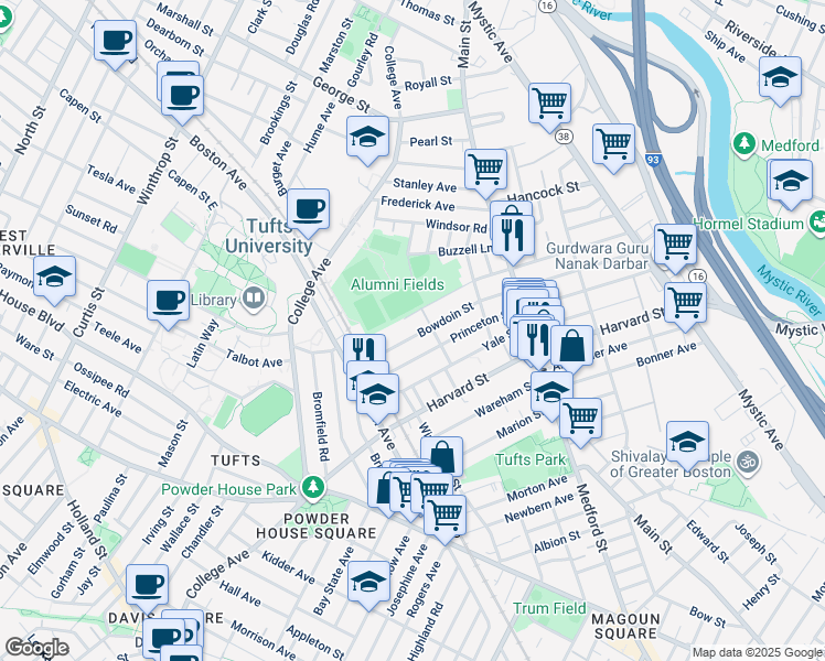 map of restaurants, bars, coffee shops, grocery stores, and more near 102 Princeton Street in Medford