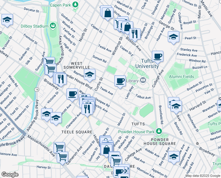 map of restaurants, bars, coffee shops, grocery stores, and more near in Somerville