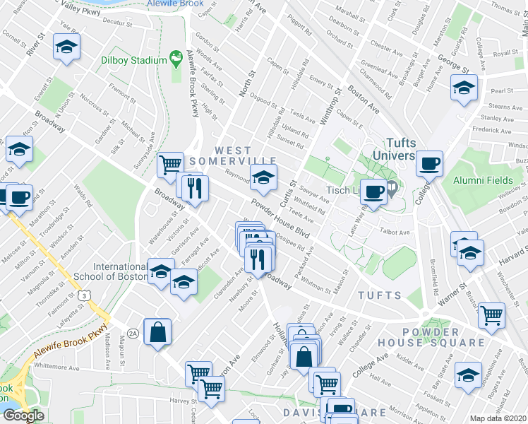 map of restaurants, bars, coffee shops, grocery stores, and more near in Somerville