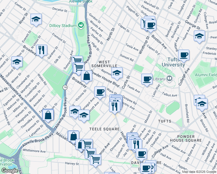 map of restaurants, bars, coffee shops, grocery stores, and more near 42 Fairmount Avenue in Somerville