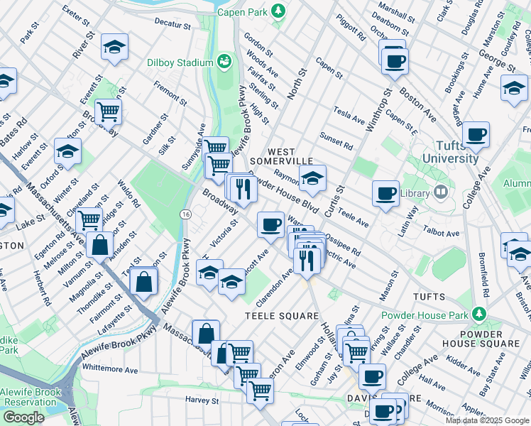 map of restaurants, bars, coffee shops, grocery stores, and more near 1249 Broadway in Somerville