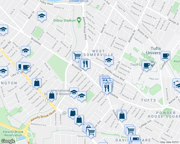 map of restaurants, bars, coffee shops, grocery stores, and more near 1249 Broadway in Somerville