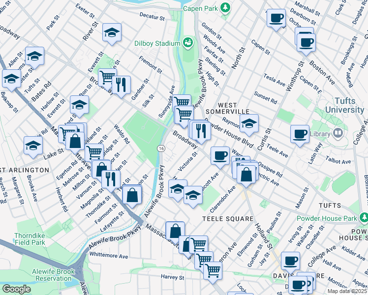 map of restaurants, bars, coffee shops, grocery stores, and more near 37 Waterhouse Street in Somerville