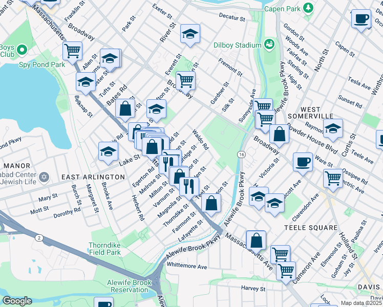 map of restaurants, bars, coffee shops, grocery stores, and more near 34 Windsor Street in Arlington