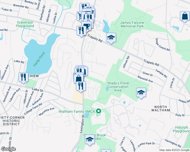map of restaurants, bars, coffee shops, grocery stores, and more near 18 Brookway Court in Waltham