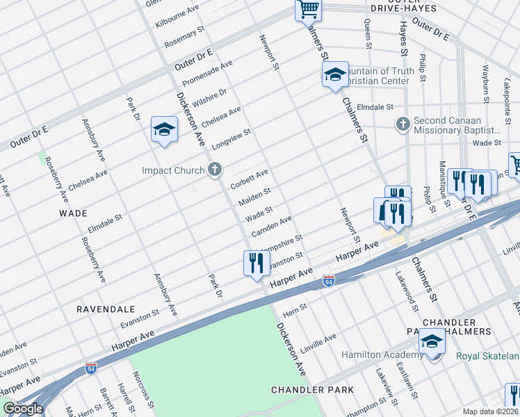 map of restaurants, bars, coffee shops, grocery stores, and more near 13018 Wade Street in Detroit