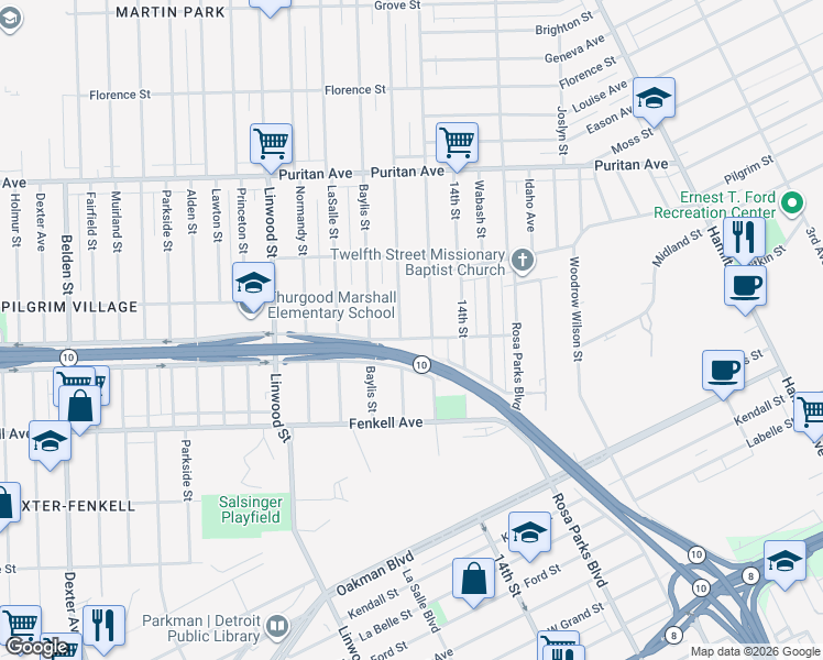 map of restaurants, bars, coffee shops, grocery stores, and more near 15497 Inverness Street in Detroit