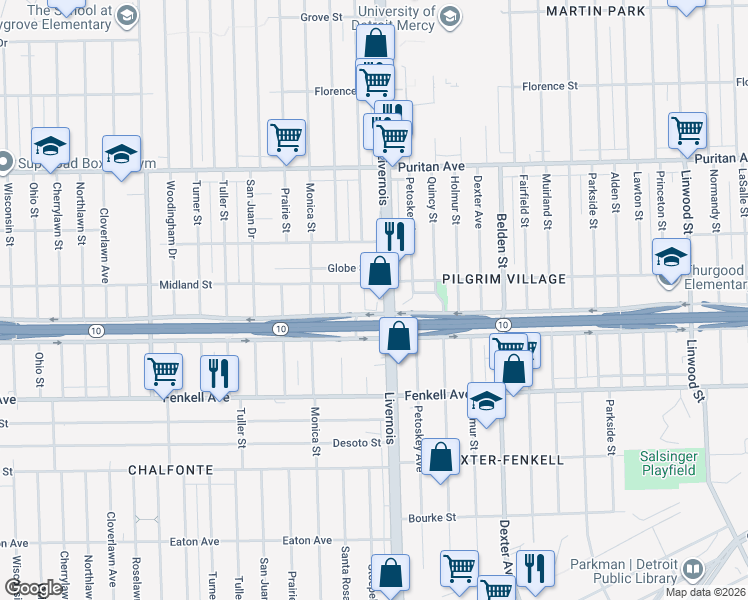 map of restaurants, bars, coffee shops, grocery stores, and more near 15502 Livernois in Detroit