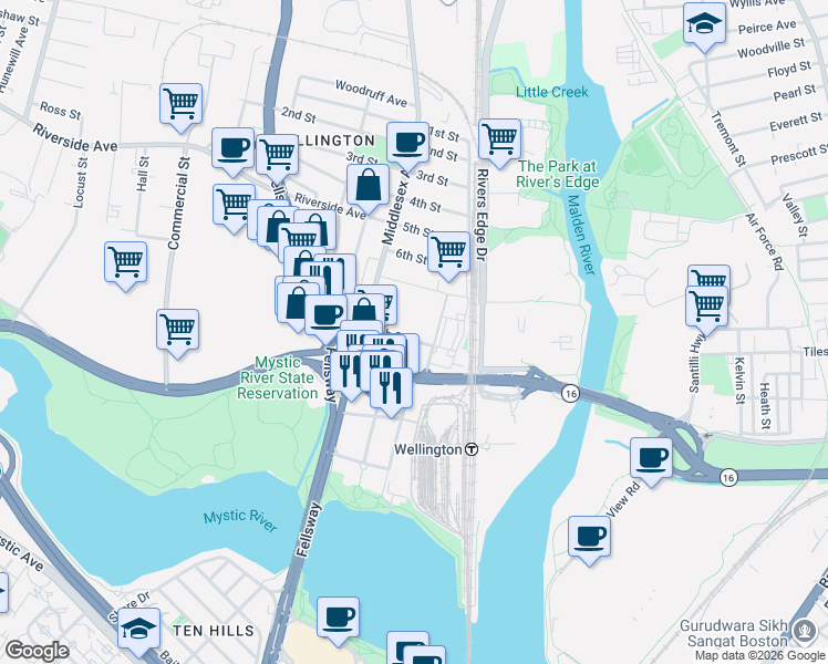 map of restaurants, bars, coffee shops, grocery stores, and more near 30 Revere Beach Parkway in Medford
