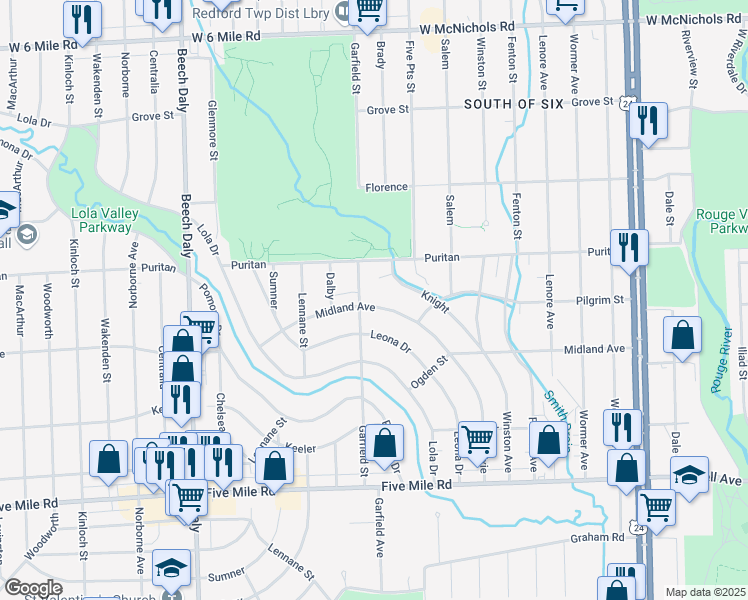 map of restaurants, bars, coffee shops, grocery stores, and more near 25050 Midland in Redford Charter Township
