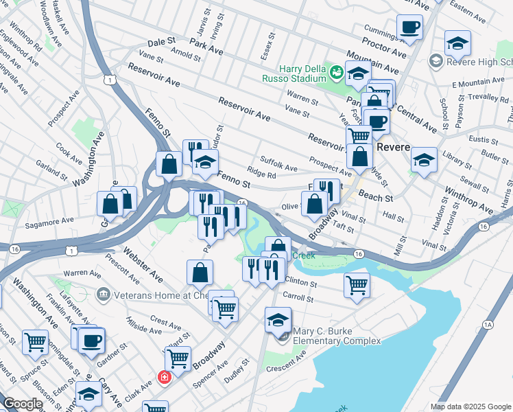 map of restaurants, bars, coffee shops, grocery stores, and more near 1004 Revere Beach Parkway in Revere