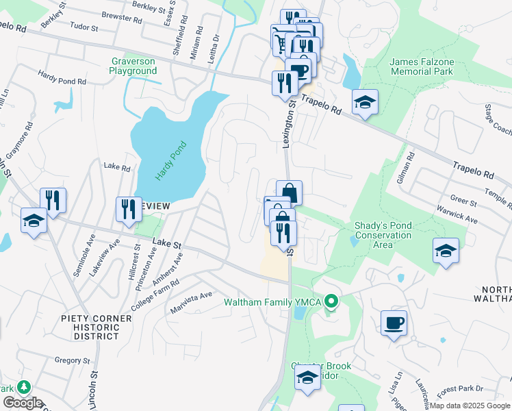 map of restaurants, bars, coffee shops, grocery stores, and more near 271 Ridge Lane in Waltham