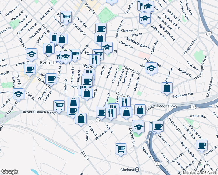 map of restaurants, bars, coffee shops, grocery stores, and more near 101 Irving Street in Everett