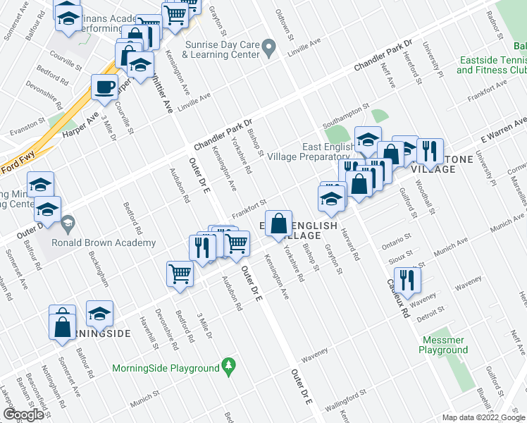 map of restaurants, bars, coffee shops, grocery stores, and more near 5101 Yorkshire Road in Detroit