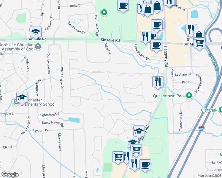 map of restaurants, bars, coffee shops, grocery stores, and more near 39597 Greenbrier Court in Northville