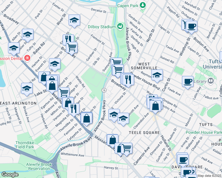 map of restaurants, bars, coffee shops, grocery stores, and more near 1366 Broadway in Somerville