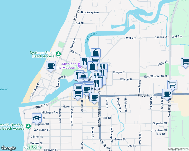 map of restaurants, bars, coffee shops, grocery stores, and more near 550 Williams Street in South Haven