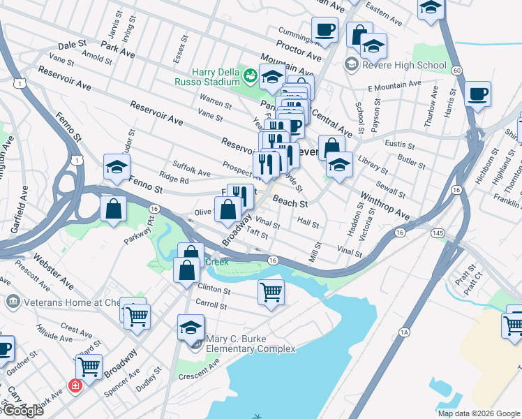 map of restaurants, bars, coffee shops, grocery stores, and more near 209 Massachusetts 107 in Revere