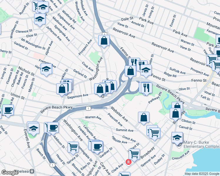 map of restaurants, bars, coffee shops, grocery stores, and more near 83 Garfield Avenue in Chelsea