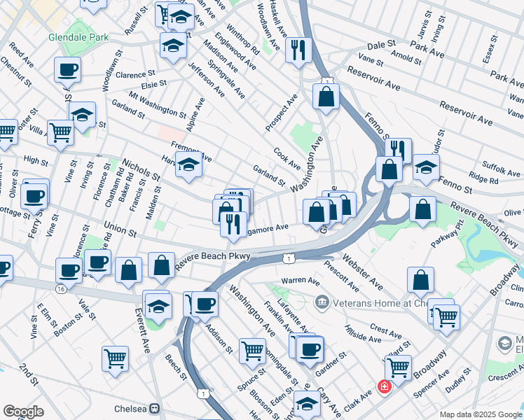 map of restaurants, bars, coffee shops, grocery stores, and more near 22 Harvard Street in Chelsea
