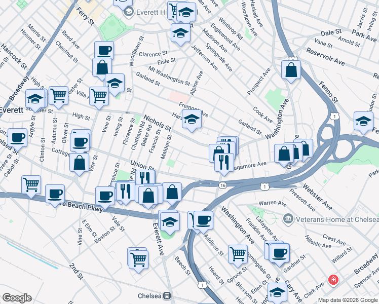 map of restaurants, bars, coffee shops, grocery stores, and more near 179 Nichols Street in Everett