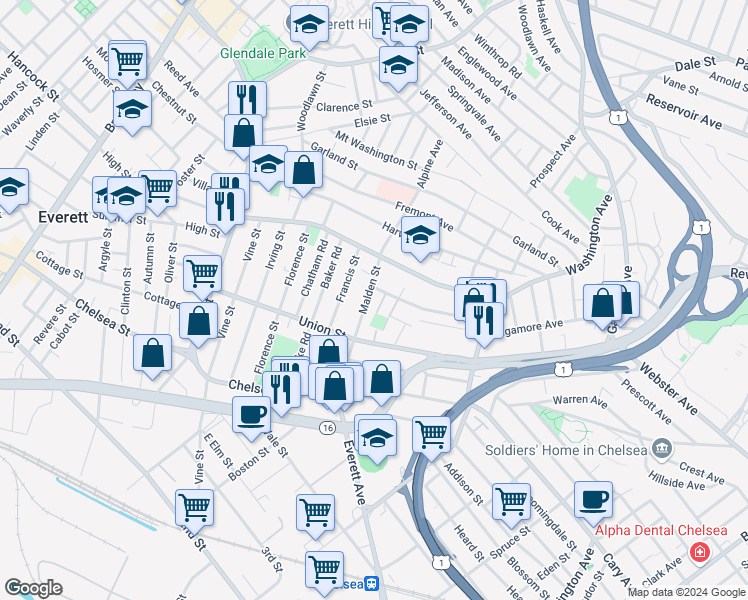 map of restaurants, bars, coffee shops, grocery stores, and more near 113 Malden Street in Everett