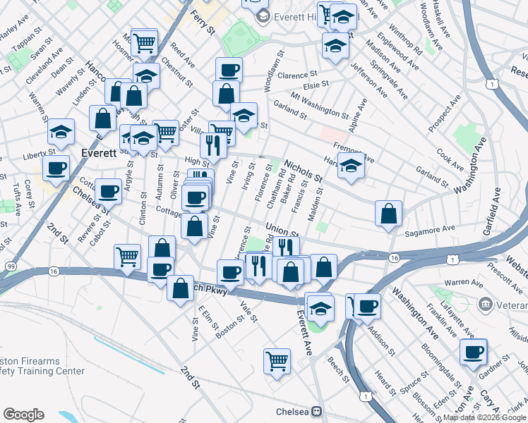 map of restaurants, bars, coffee shops, grocery stores, and more near 37 Chatham Road in Everett