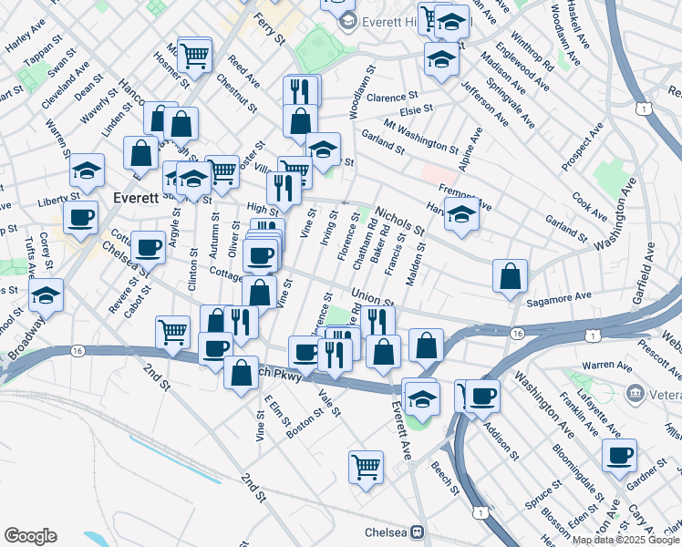 map of restaurants, bars, coffee shops, grocery stores, and more near 101 Irving Street in Everett