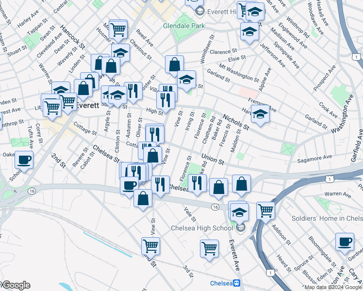 map of restaurants, bars, coffee shops, grocery stores, and more near 209 Vine Street in Everett