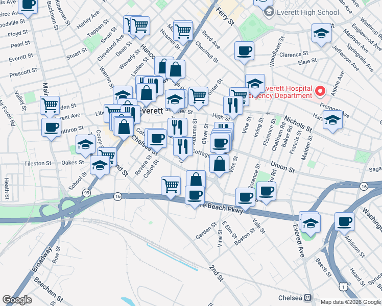 map of restaurants, bars, coffee shops, grocery stores, and more near 14 Autumn Street in Everett