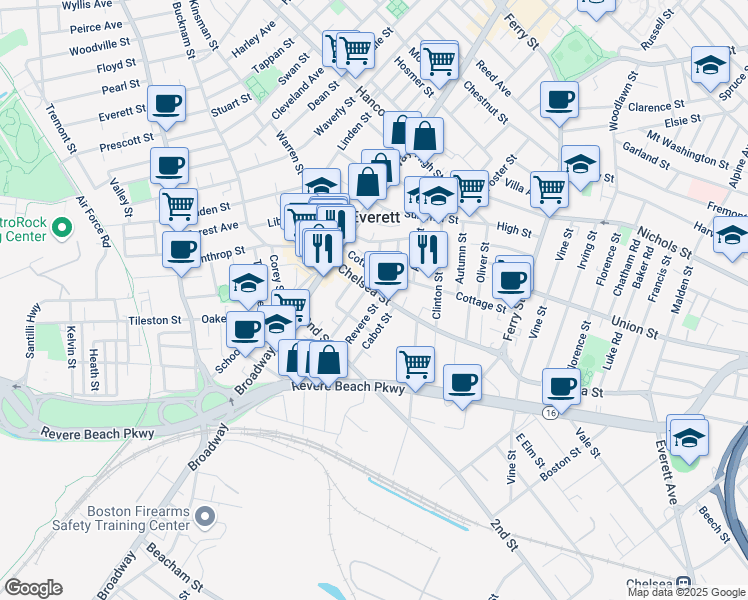 map of restaurants, bars, coffee shops, grocery stores, and more near 47 Cottage Street in Everett