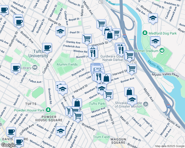 map of restaurants, bars, coffee shops, grocery stores, and more near 9 Princeton Street in Medford