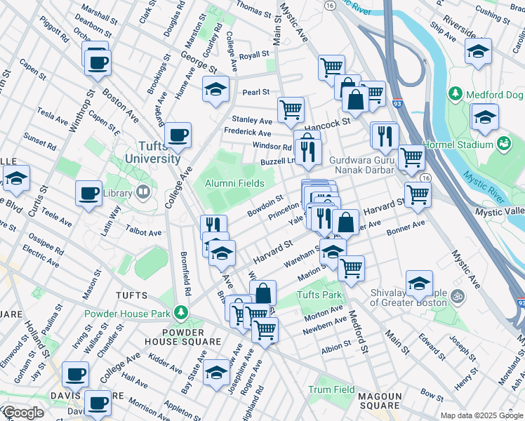 map of restaurants, bars, coffee shops, grocery stores, and more near 80 Wellesley Street in Medford
