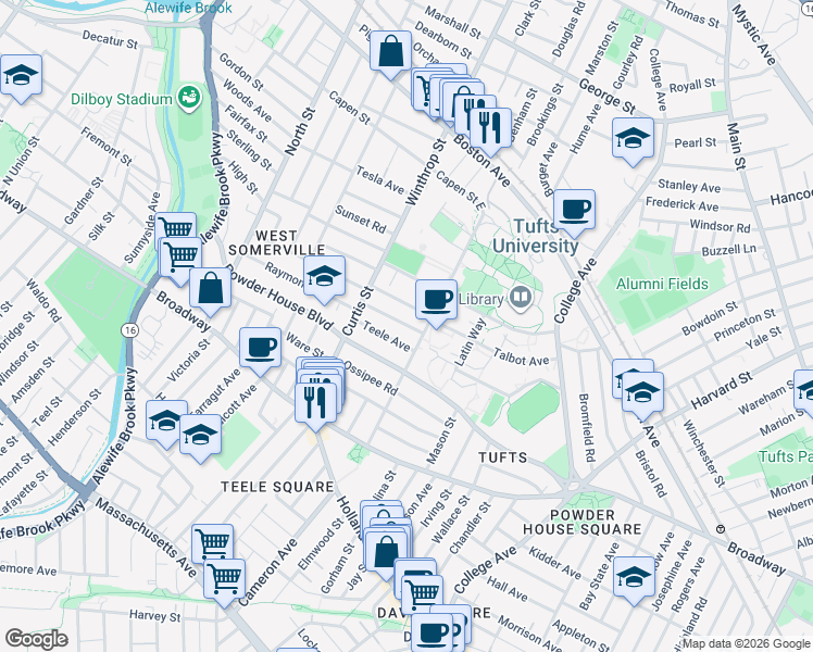 map of restaurants, bars, coffee shops, grocery stores, and more near 36 Sawyer Avenue in Medford