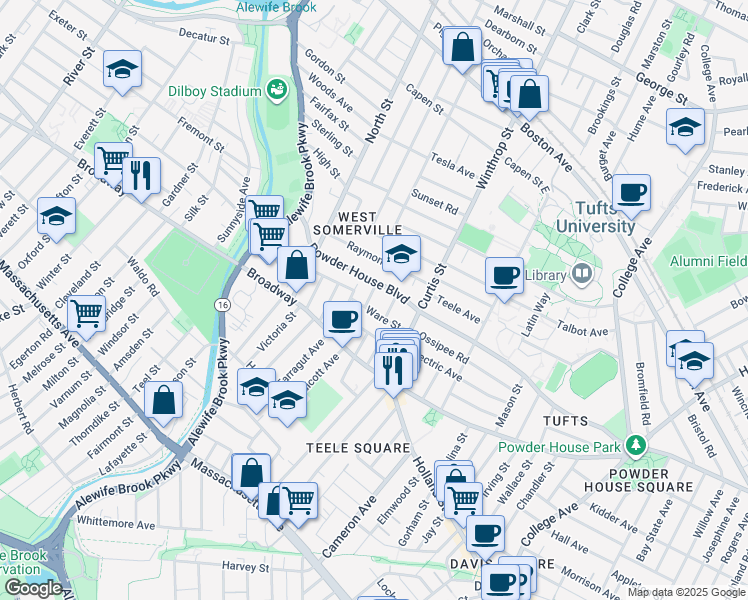 map of restaurants, bars, coffee shops, grocery stores, and more near 210 Powder House Boulevard in Somerville