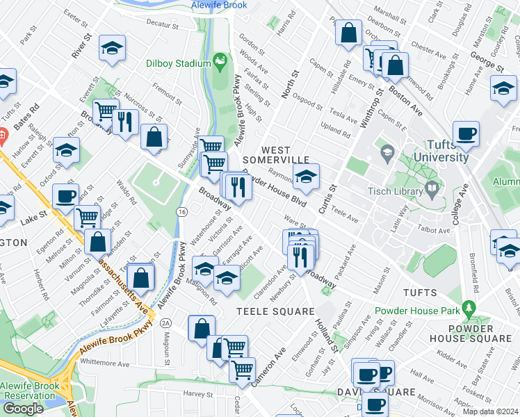 map of restaurants, bars, coffee shops, grocery stores, and more near 35 Barton Street in Somerville