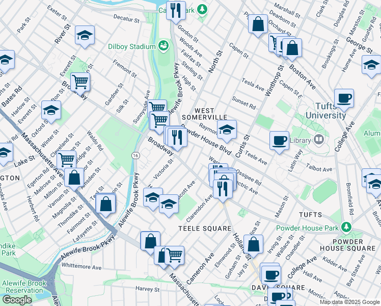 map of restaurants, bars, coffee shops, grocery stores, and more near 35 Barton Street in Somerville